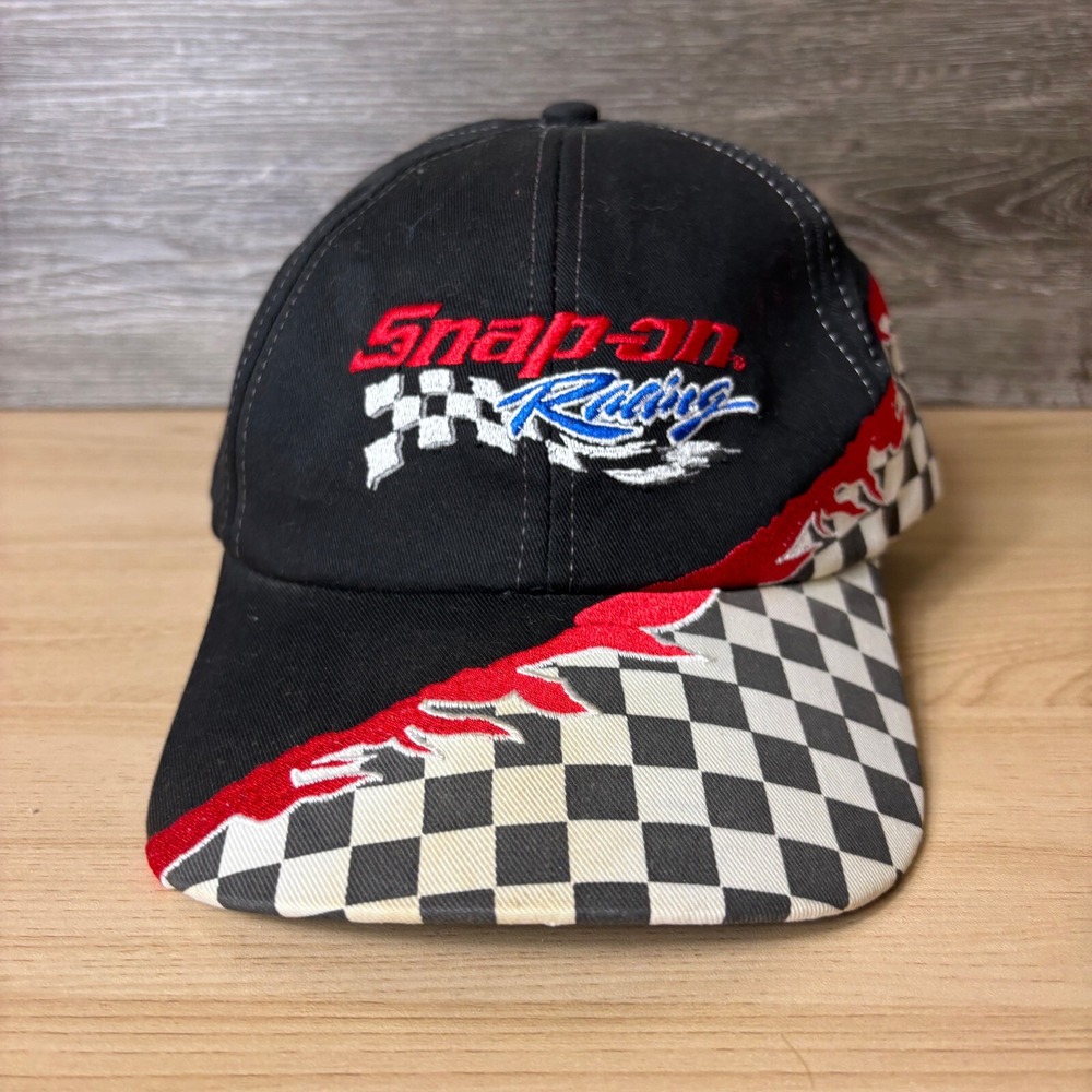 VINTAGE Snap On Hat Cap Strap Back Black‎ Racing Checkered Flag Nascar